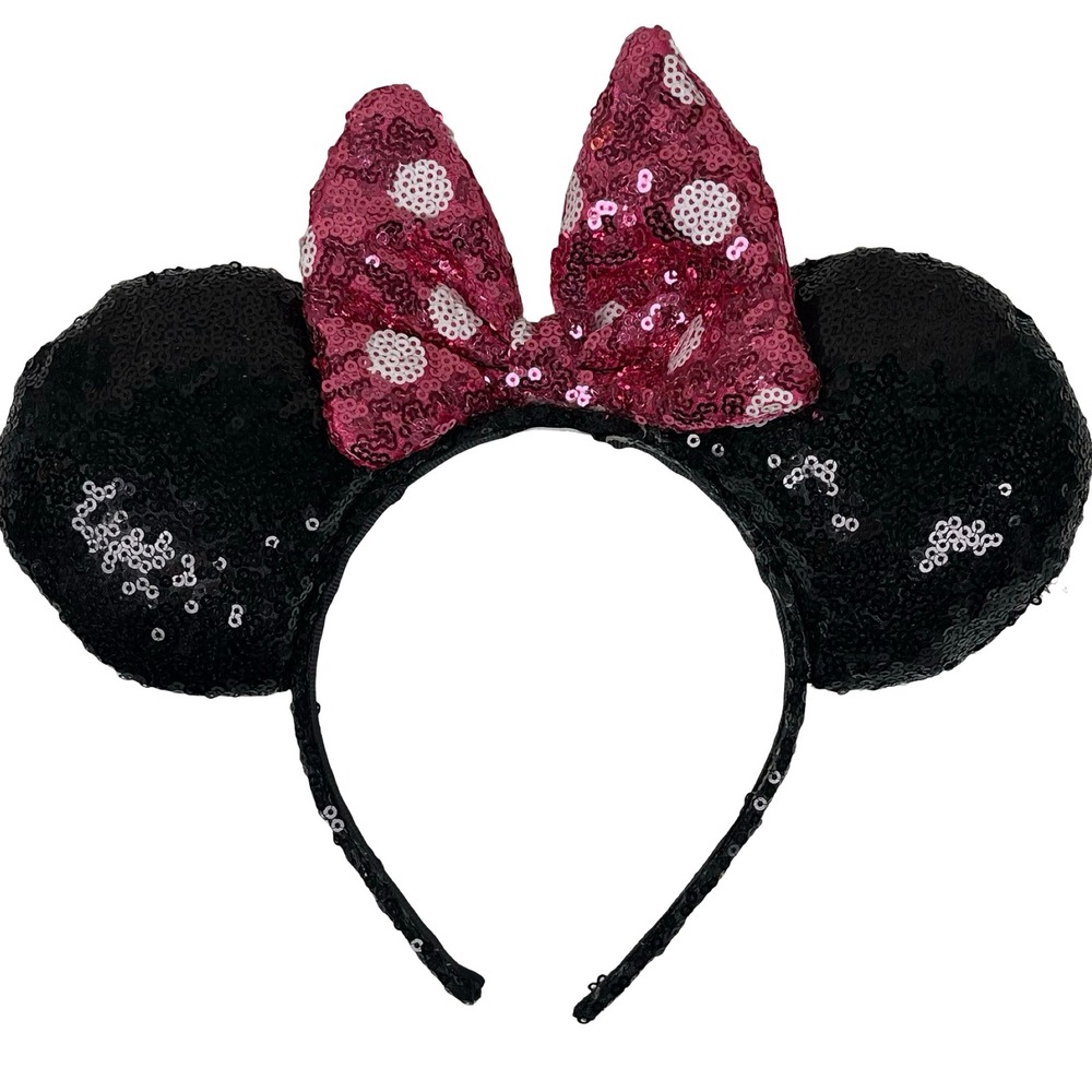 Disney Minnie Mouse‎ Sequin Ears Headband Black Pink Polka Dot Bow Classic